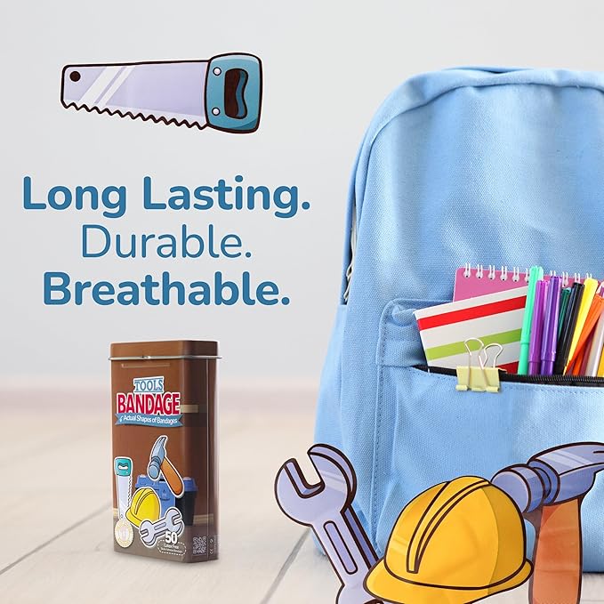 BioSwiss Bandages, Tools Shaped Self Adhesive Bandage, Latex Free Sterile Wound Care, Fun First Aid Kit Supplies for Kids and Adults, 50 Count-CubbioJoy