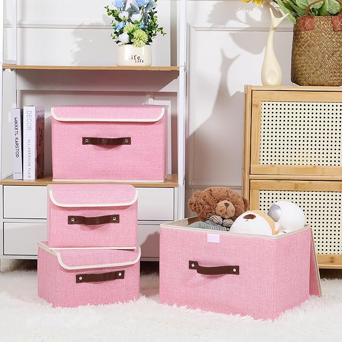 ANMINY Storage Bin with Lid Storage Boxes with PU Leather Handles PP Plastic Board Decorative Foldable Lidded Cotton Linen Fabric Home Cubes Baskets Closet Organizer Container - Pink, Small Size-CubbioJoy