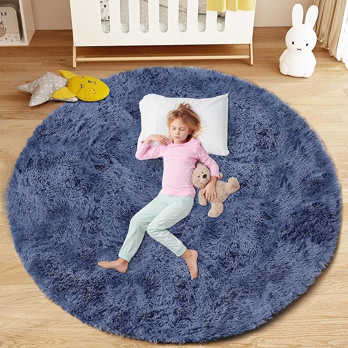 4FT Round Rug for Bedroom: Fluffy Shag Soft Washable Rugs Circle Small Fuzzy Plush Indoor Carpet for Living Room Nursery Playroom Dorm Kids Girls Boys Room (Navy Blue, 4'x4')-CubbioJoy