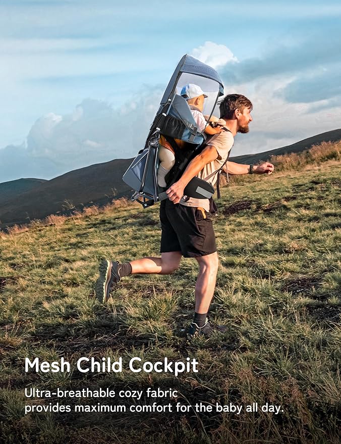 besrey Baby Backpack Carrier, Toddler Hiking Backpack with Safety 3-Height Seat, Adjustable Straps&Waist Belt, Foldable Frame Lightweight Large Capacity Child Carrier for Hiking (Haze Blue)-CubbioJoy