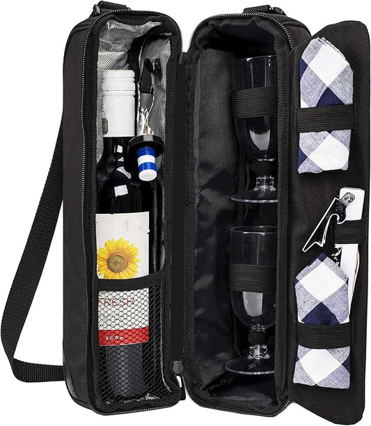 ALLCAMP Wine Bag - Insulated Cooler Bag with Wine Glasses, Bottle Opener & Wine Accessories for Wine Lovers - Portable Wine Gift Bag for Travel, Picnics, and Gift Ideas(Black)-CubbioJoy