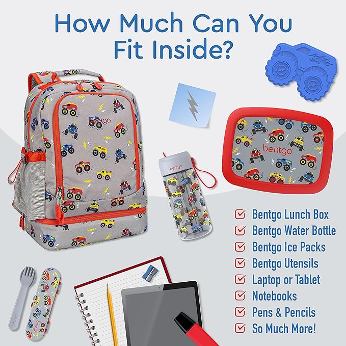 Bentgo Kids 2-in-1 Backpack & Insulated Lunch Bag - Durable 16” Backpack & Lunch Container in Unique Prints for School & Travel - Water Resistant, Padded & Large Compartments (Trucks)-CubbioJoy
