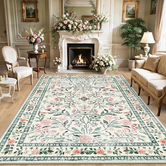 8x10 Area Rugs for Living Room: Floral Washable Rug Vintage Large Soft Boho Non-Slip Carpet Indoor Stain Resistant Low Pile Carpets for Bedroom Dining Room Farmhouse Nursery Home Office Green Beige-CubbioJoy