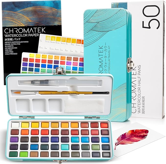 CHROMATEK Watercolor Paint Set – 50 Vivid Colors Including Transparent, Opaque & Pastel – Art Kit with Brush, Water Pen, Palette, Color Chart, Swatch Sheets, Pad & Metal Travel Case-CubbioJoy