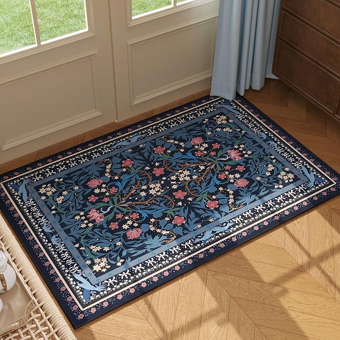 Door Mat Indoor Entrance 2x3 Rug Machine Washable Vintage Floral Botanical Small Area Rug Non-Slip Low Pile Throw Rugs for Entryway, Kitchen, Front Door Entrance, Entry, Kids Room, Blue-CubbioJoy