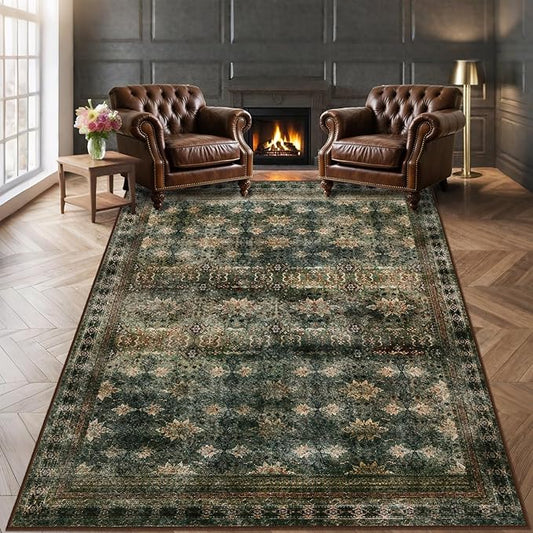 6x9 Washable Area Rug Non Slip, Thin Vintage Floral Living Room Rug Low Pile, Indoor Large Distressed Print Carpet for Bedroom, Dining Room, Farmhouse, Home Office, Dorm(Dark Green/Brown/Multi)-CubbioJoy