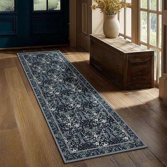 Joydeco Floral Washable Runner Rug for Kitchen, Forest Hallway Rug Runner 2x6 Non Slip, Boho Botanical Ultra-Thin Soft Indoor Floor Throw Carpet for Bathroom Entryway Foyer, Blue-Black-CubbioJoy