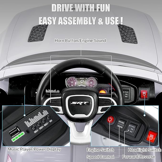 12V 7Ah Kids Electric Ride on Car, Licensed Dodge Charger SRT Hellcat, Battery Powered 4-Wheels Toy Car Electric Vehicle for Kids with Remote Control, 3 Speeds, LED Lights, Music (White)-CubbioJoy