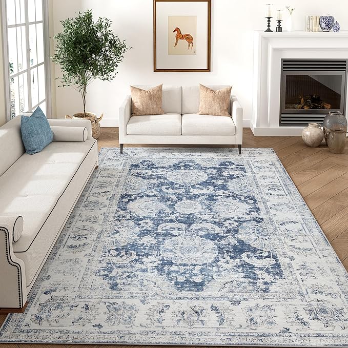 jinchan Washable Area Rug 8x10 for Living Room Soft Faux Wool Ultra-Thin Stain Resistant Non-Slip Distressed Vintage Floral Large Carpet for Bedroom,Dining Room,Home Office,Nursery(Dark Blue, 8'x10')-CubbioJoy