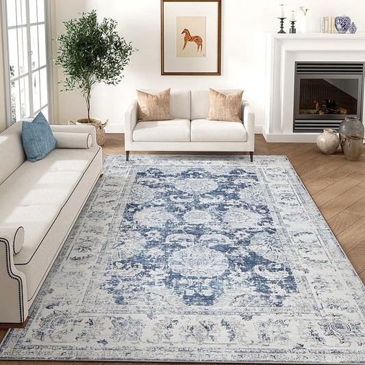 jinchan Washable Area Rug 8x10 for Living Room Soft Faux Wool Ultra-Thin Stain Resistant Non-Slip Distressed Vintage Floral Large Carpet for Bedroom,Dining Room,Home Office,Nursery(Dark Blue, 8'x10')-CubbioJoy