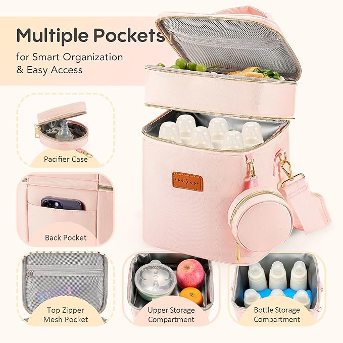 Breastmilk Cooler Bag with Ice Pack & Pacifier Case, Large Double Layer Insulated Baby Bottle Cooler Fits 6 Bottles, Breast Pump Storage Bag for Working Nursing Moms, with Gift Box-CubbioJoy