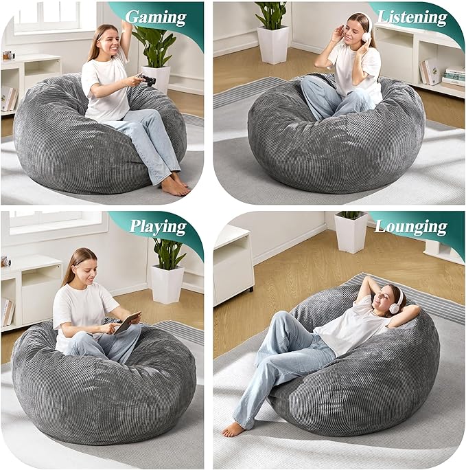 3.5FT Bean Bag Chairs Teardrop Bean Bag Chair for Adults Beanbag Chair with Memory Foam Filled Machine Washable Cover for Living Room, Bedroom (Large,Grey)-CubbioJoy