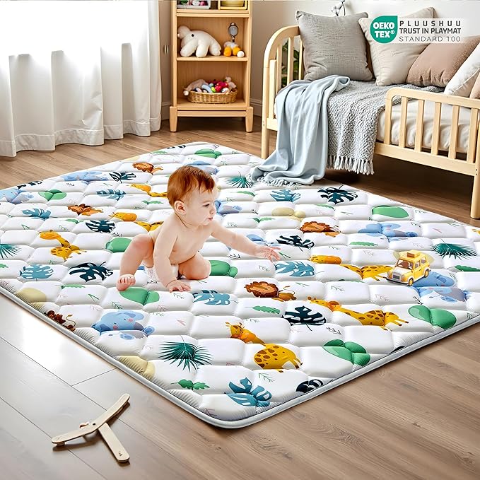 Baby Play Mats for Floor, 71x59 Playpen Mat for Babies, Extra Thicker & Soft Floor Crawling Mat, Foldable Non-Slip Playmat Cushioned for Infants Toddlers, Cute Animal Design-CubbioJoy