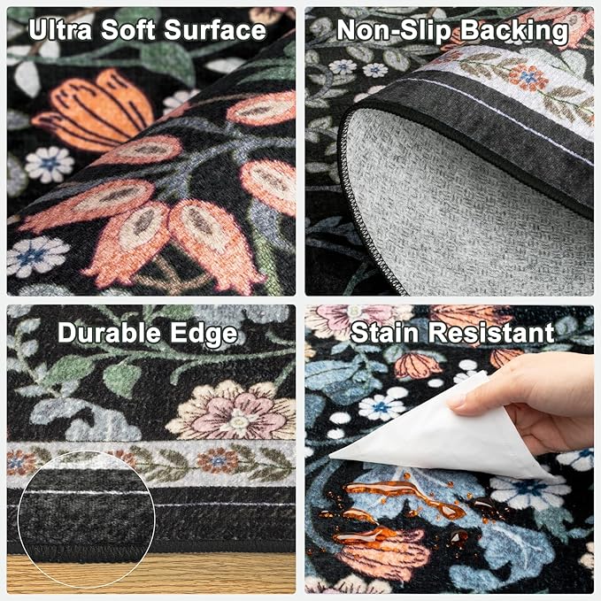 Area Rug Living Room Rugs: Floral 4x6 Washable Rug Vintage Soft Boho Non-Slip Carpet Indoor Floor Stain Resistant Large Carpets for Bedroom Dining Room Farmhouse Nursery Hallway Home Office Dark Black-CubbioJoy