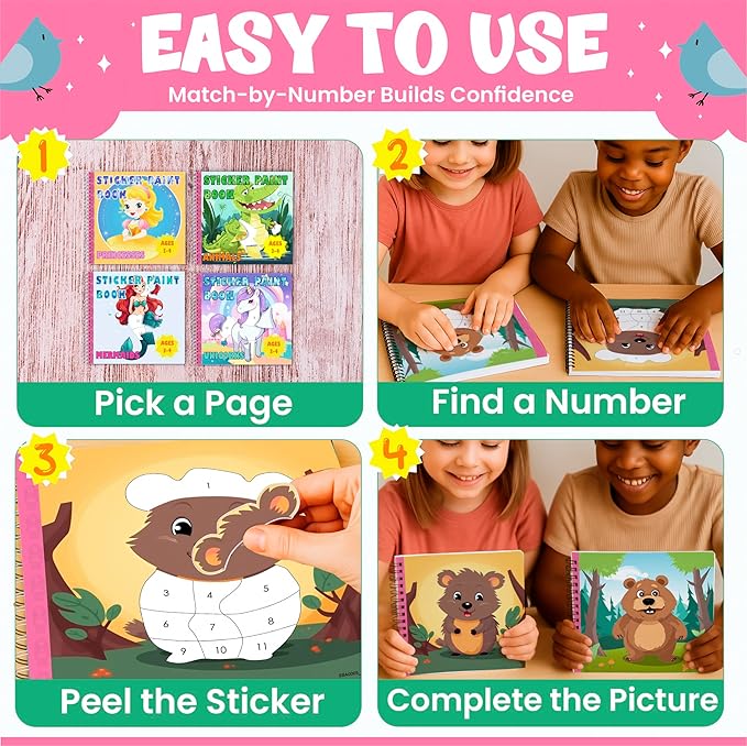 BulbaCraft 4Pcs Sticker Paint Books for Girls - Sticker Books by Number with Mermaids, Princesses, Animals and Unicorns - Coloring Activity for Kids-CubbioJoy