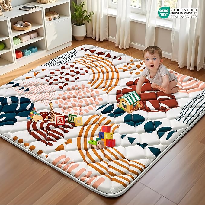 Baby Play Mats for Floor, 59x59 Playpen Mat for Babies, Extra Thicker & Soft Floor Crawling Mat, Foldable Non-Slip Playmat Cushioned for Infants Toddlers, Boho Leaf Design-CubbioJoy