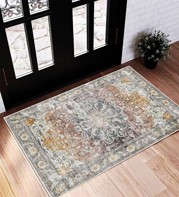 Area Rug 2x3 Washable Rug Door Mat Vintage Distressed Taupe Doormat Indoor Entrance Traditional Thin Floral Print Non Slip Carpet for Kitchen Bathroom Bedroom Living Room-CubbioJoy