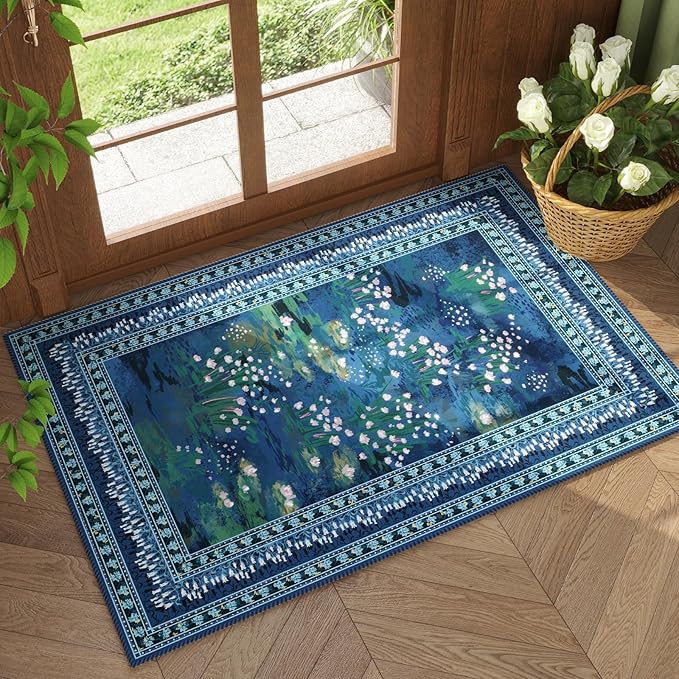 2x3 Rug Impressionist-Style Vintage Indoor Door Mat Machine Washable Small Area Rug Non-Slip Low Pile Throw Rugs for Entryway Kitchen Front Door Indoor Entrance Entry Kids Room, Blue-CubbioJoy
