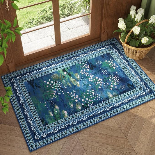 2x3 Rug Impressionist-Style Vintage Indoor Door Mat Machine Washable Small Area Rug Non-Slip Low Pile Throw Rugs for Entryway Kitchen Front Door Indoor Entrance Entry Kids Room, Blue-CubbioJoy