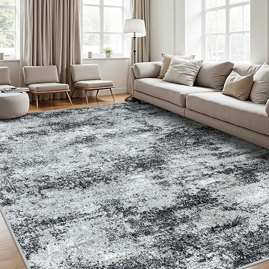 Area Rug 9x12 Washable Rugs: Abstract Large Living Room Rugs with Non-Slip Backing, Stain Resistant Indoor Floor Carpet for Bedroom Dining Room Table Nursery Hallway Home Office Dark Black/Gray-CubbioJoy