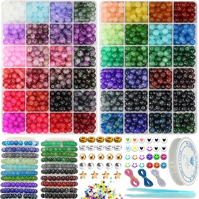JULIMAIDONG 8mm Glass Beads for Bracelets 2100pcs, 48 Colors Round Crystal Glass Bracelet Making Kit for Jewelry Making Kits Bead DIY Crafts with Spacer Charms Accessories (48Color(Solid+Printing)-CubbioJoy