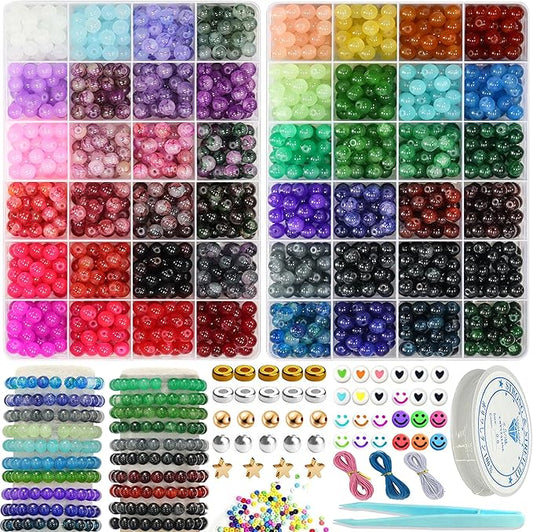 JULIMAIDONG 8mm Glass Beads for Bracelets 2100pcs, 48 Colors Round Crystal Glass Bracelet Making Kit for Jewelry Making Kits Bead DIY Crafts with Spacer Charms Accessories (48Color(Solid+Printing)-CubbioJoy