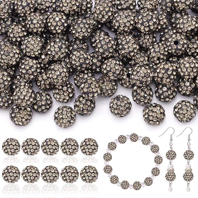 160pcs 10mm Rhinestone Beads for Jewelry Making, Gray Shiny Round Disco Ball Beads Bulk, Sparkle Crystal Clay Christmas for Bracelet Baseball Necklace Earring Crafting and DIY-CubbioJoy