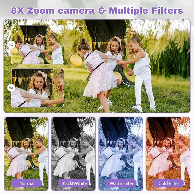 Digital Camera FHD 1080P Video & 8X Digital Zoom - Compact Point and Shoot Digital Camera with 2.4" Screen, 800mAh Rechargeable Battery Portable Small Camera for Kids Teens Girls Boys(Purple)-CubbioJoy