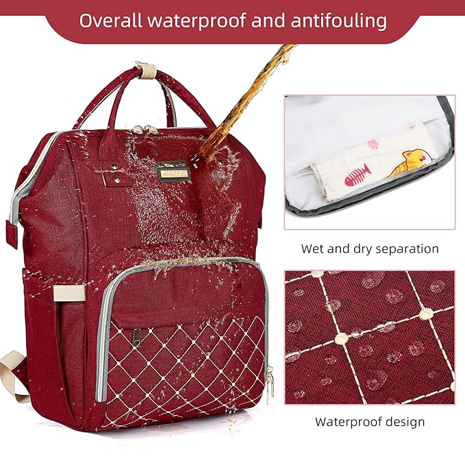 Diaper Bag Backpack, Diaper Bags for Baby Girls Boys, Baby Bags for Moms Dads, Nappy Changing Bag with Insulated Pockets,Multi-functional Waterproof Backpack with Stroller straps-Red-CubbioJoy