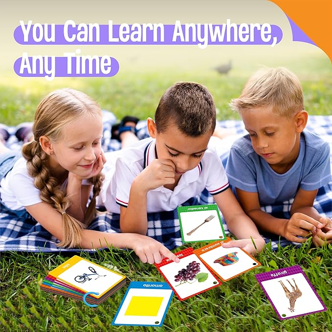 60 English Spanish Flash Cards, Double-Sided Nouns Cards Bilingual Sight Words - Animals, Colors, Food, Vehicles Cards, Language Vocabulary Learning Tool for Beginners 5+ with 2 Reclosable Rings-CubbioJoy