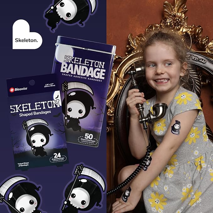 BioSwiss Bandages, Halloween Skeleton Shaped Self Adhesive Bandage, Latex Free Sterile Wound Care, Fun First Aid Kit Supplies for Kids, 50 Count-CubbioJoy