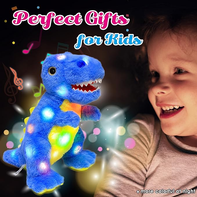 Cuteoy Light-up Plush Blue Dinosaur LED Stuffed Animal Birthday Christmas T-Rex Plushies Toy Gifts for Kids Toddler Girls, 12.5"-CubbioJoy