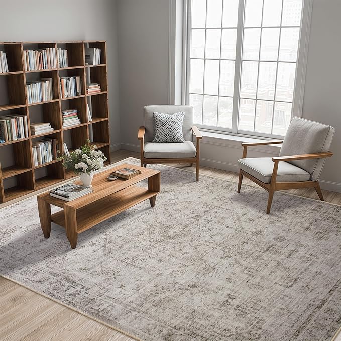 6x9 Washable Area Rug for Living Room, Non-Slip Distressed Rugs for Bedroom Dinning Room, Ultra-Thin Indoor Non-Shedding Vintage Print Carpet for Farmhouse, Home Office, Dorm Light Taupe/Cream-CubbioJoy