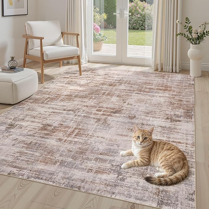 Area Rug for Living Room: 4x6 Washable Neutral Abstract Modern Soft Rugs Non Slip Indoor Floor Stain Resistant Carpet for Bedroom Dining Room Office Nursery - Red Brown-CubbioJoy
