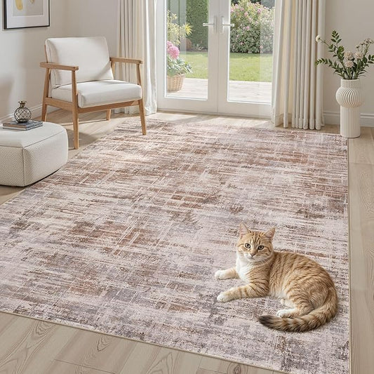 Area Rug for Living Room: 6x9 Washable Neutral Abstract Modern Soft Rugs Non Slip Indoor Floor Stain Resistant Large Carpet for Bedroom Dining Room Office Nursery - Red Brown-CubbioJoy