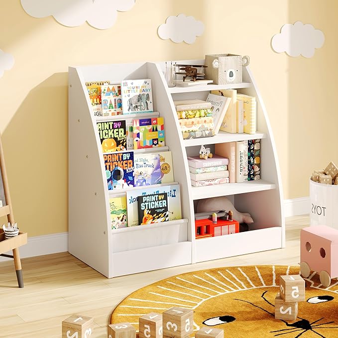 4 Tier Kids Bookshelf, 4 Layer Sling Kids Book Shelf for Kids Rooms,Wood Children Bookcase,Baby Storage Book Rack,Toddler Bookshelf, Book and Toy Organizer,Book Display Shelf for Bedroom, Nursery-CubbioJoy