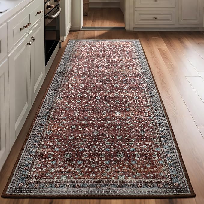 2x6 Washable Kitchen Runner Rug for Hallways, Non Slip Laundry Runners for Bathroom, Low Pile Rubber Backed Rugs for Entryway, Vintage Floral Carpet for Living Room Bedroom Brick Red-CubbioJoy