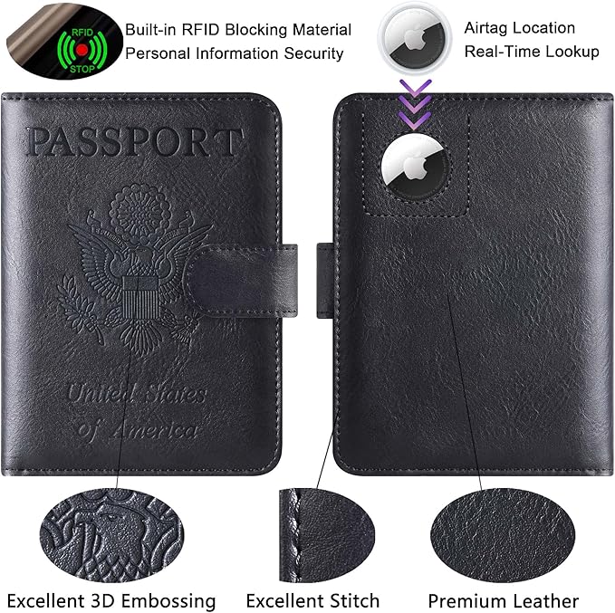Airtag Passport Holder Cover Wallet Travel Essentials Leather RFID Blocking Case Vacation Luggage Must Haves Travel Accessories for Men Women (117#Black)-CubbioJoy