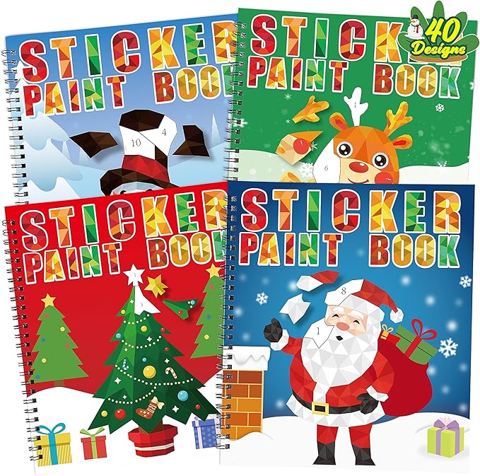 90shine 4PCS Christmas Crafts for Kids Ages 4-8 Sticker Paint Books - Includes Santa Clause Snowman Elf Gnome and More Designs Gift Party Create 40 Pictures-CubbioJoy