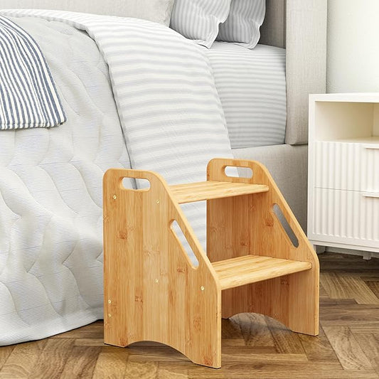 AMBIRD Wooden Step Stool, 15.75'' H Potty Training Toddler 300 lbs Capacity with Safety Non-Slip Pads and Handles, Kitchen Step Stools for Kids, Bamboo Step Stool for Bathroom, High Beds (Natural)-CubbioJoy