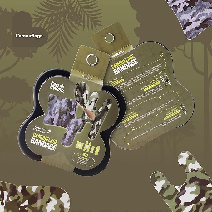 BioSwiss Bandages, Assorted Size Camoflauge Print Self Adhesive Bandage, Latex Free Sterile Wound Care, First Aid Kit Supplies for Kids and Adults, 60 Count-CubbioJoy