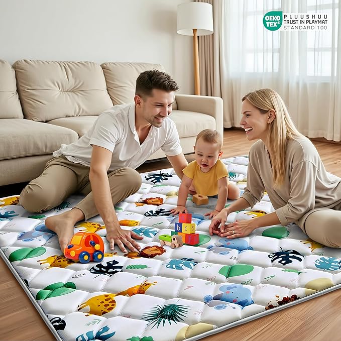 Baby Play Mats for Floor, 71x59 Playpen Mat for Babies, Extra Thicker & Soft Floor Crawling Mat, Foldable Non-Slip Playmat Cushioned for Infants Toddlers, Cute Animal Design-CubbioJoy
