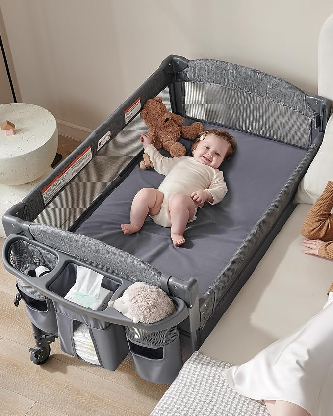 AirClub 4 in 1 Baby Bassinet Bedside Sleeper, 4 Functions Crib, Playard, Portable Changing Table, Bassinet for Newborn Baby, Bedsaide Bed w/Wheels&Brakes-CubbioJoy