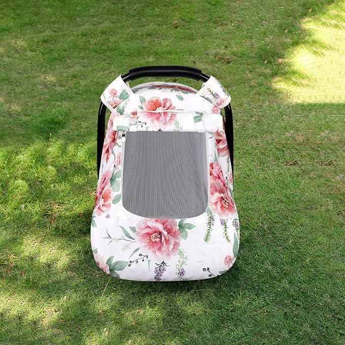 Baby Carseat Cover Girls, Pea Pod Floral Infant Car Seat Covers Canopy for Newborn with 2 Layers Windows of Breathable Mesh/Fabric, Lightweight Polyester/Minky Dot Backing, Snug Fit Most Baby Car Seat-CubbioJoy