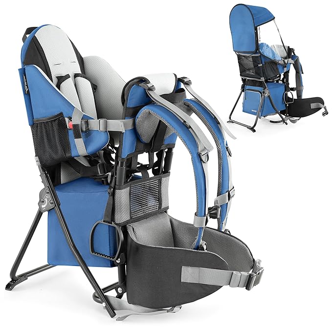 besrey Baby Backpack Carrier, Toddler Hiking Backpack with Safety 3-Height Seat, Adjustable Straps&Waist Belt, Foldable Frame Lightweight Large Capacity Child Carrier for Hiking (Klevin Blue)-CubbioJoy