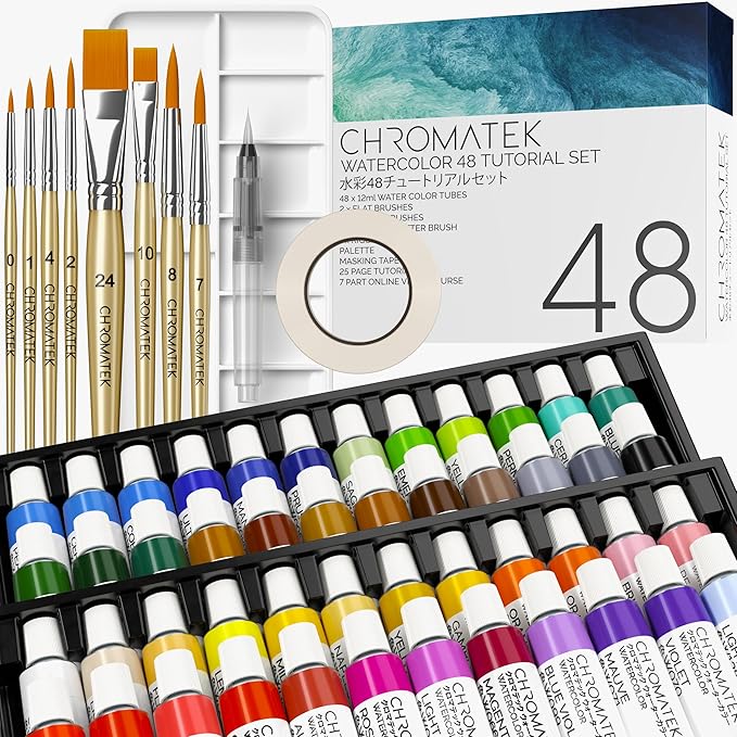 CHROMATEK Watercolor Paint Set, 84 Piece Kit, Video Tutorial Course, 48 Tubes, from Beginner to Intermediate & Professional Artists, Paper, 8 Brushes, Palette, Aquapen, Masking Tape, 12ml Tubes-CubbioJoy