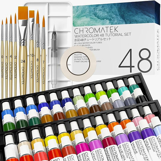 CHROMATEK Watercolor Paint Set, 84 Piece Kit, Video Tutorial Course, 48 Tubes, from Beginner to Intermediate & Professional Artists, Paper, 8 Brushes, Palette, Aquapen, Masking Tape, 12ml Tubes-CubbioJoy