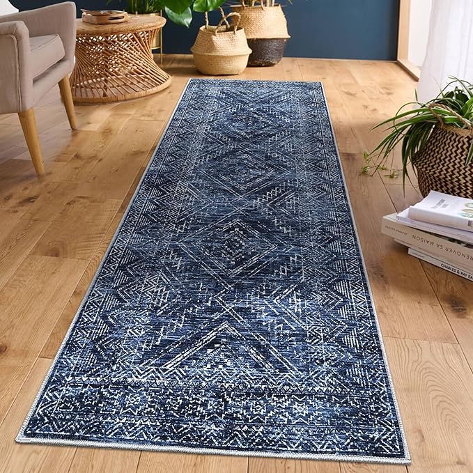 COZYLOOM Washable Runner Rug 2x8 Vintage Non Slip Low Pile Rug Soft Throw Floor Cover Geometric Tribal Foldable Indoor Carpet for Living Room Bedroom Hallway, Blue-CubbioJoy
