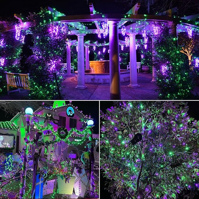 Brizled Purple & Green Halloween Lights, 33ft 100 LED Halloween String Lights 5mm Wide Angle String Lights, 120V UL Certified Connectable Halloween Lights Outdoor for Party Halloween Decor, Black Wire-CubbioJoy