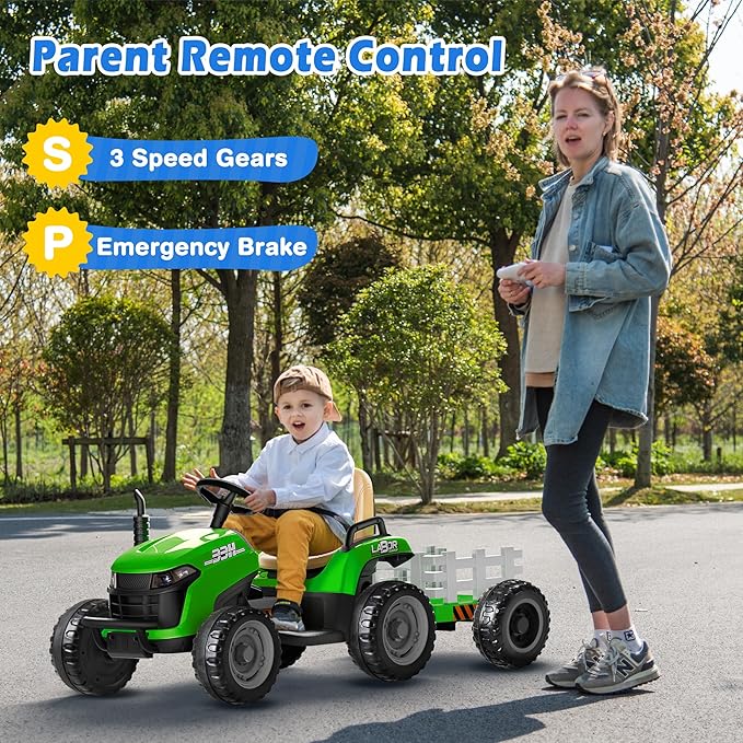 24V Ride On Tractor w/Tiltable & Detachable Trailer, 2x65W Motors, EVA Tires, Remote Control, Bluetooth, Shifter, Music, Electric Car for Kids, Green-CubbioJoy